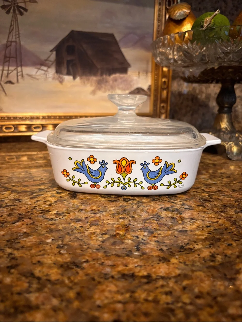 Vintage 1975 Corning Ware Country Festival Blue Bird Casserole Dish w/ Glass Lid